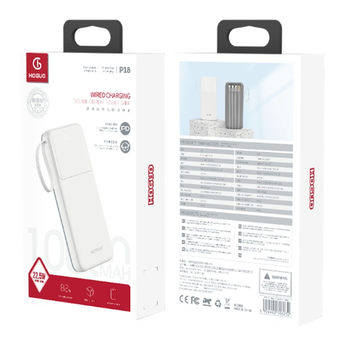 HOGUO - Hoguo - Powerbank 22.5 W Display LED Carga Rapida 20000mAh ccables - Blanco