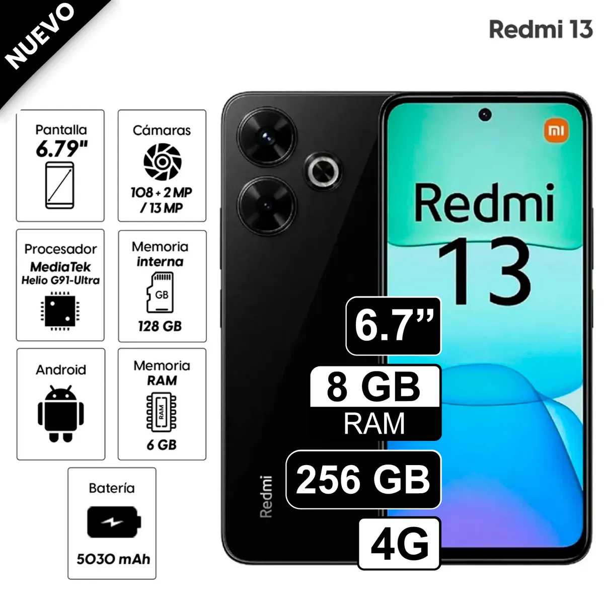 REDMI - Celular Xiaomi Redmi 13 256GB, 8GB RAM, cámara principal 108MP + 2MP, frontal 13MP, 6.79", negro