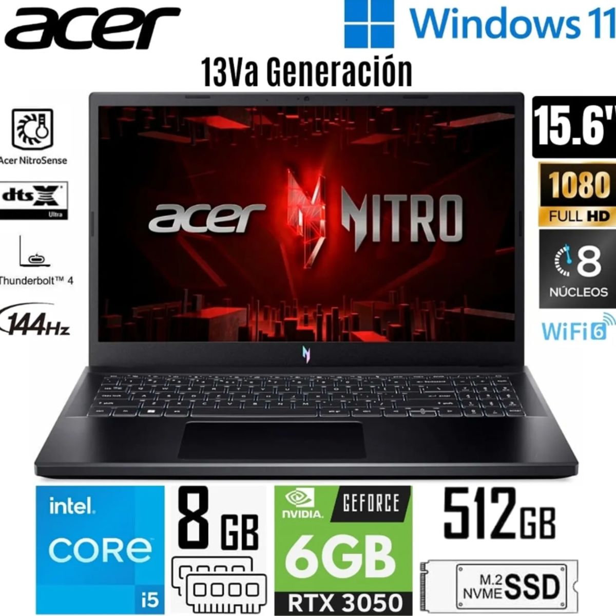 ACER - Laptop Acer NITRO V15 ANV15-51-56GH Intel Core i5 13va Gen 8GB RAM 512GB SSD 156 FHD RTX3050