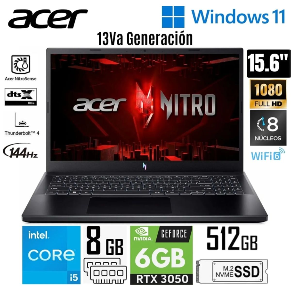 ACER - Laptop Acer NITRO V15 ANV15-51-56GH Intel Core i5 13va Gen 8GB RAM 512GB SSD 156 FHD RTX3050