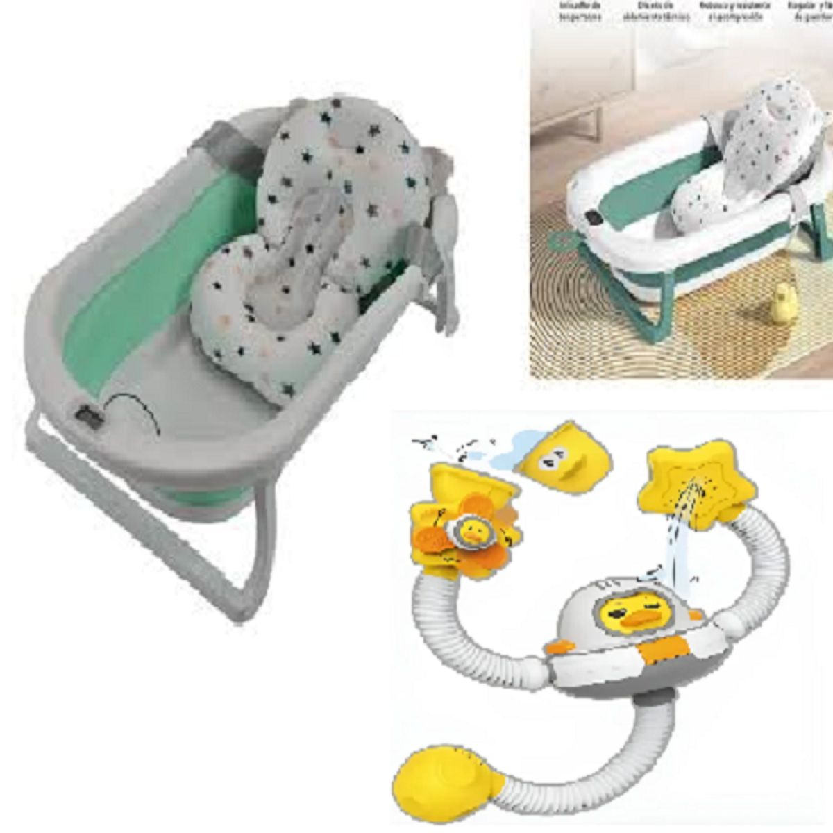 GENERICO - BAÑERA PARA BEBE PLEGABLE CON TERMOMETRO + ALMOHADILLA + Juguete Regadera Ducha Bañera Patito Astronauta