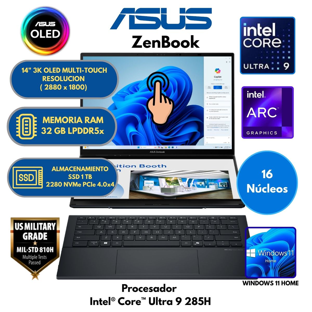 ASUS - Laptop Asus Intel Core Ultra 9 (UX8406CA-PZ073W 2en1) RAM 32GB SSD 1TB 14" 3K OLED Táctil Windows 11