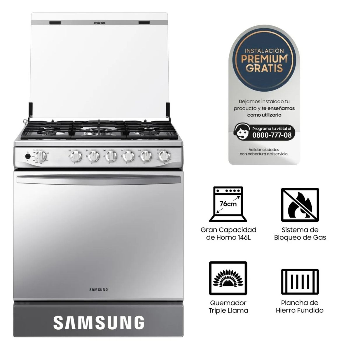 SAMSUNG - Cocina a Gas 5 Hornillas con Plancha y Grill Samsung NX52T7322PSPE