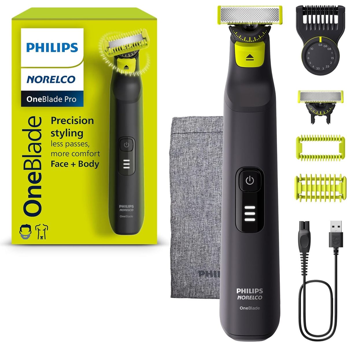 PHILIPS - Afeitadora Rasuradora Philips OneBlade Pro 360 Cara + Cuerpo de 14 medidas con estuche