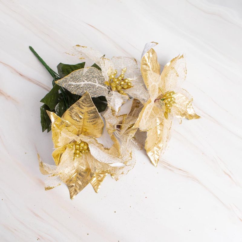 PANORAMA HOGAR - Ramo Decorativo de Poinsettias Artificiales Doradas 36CM