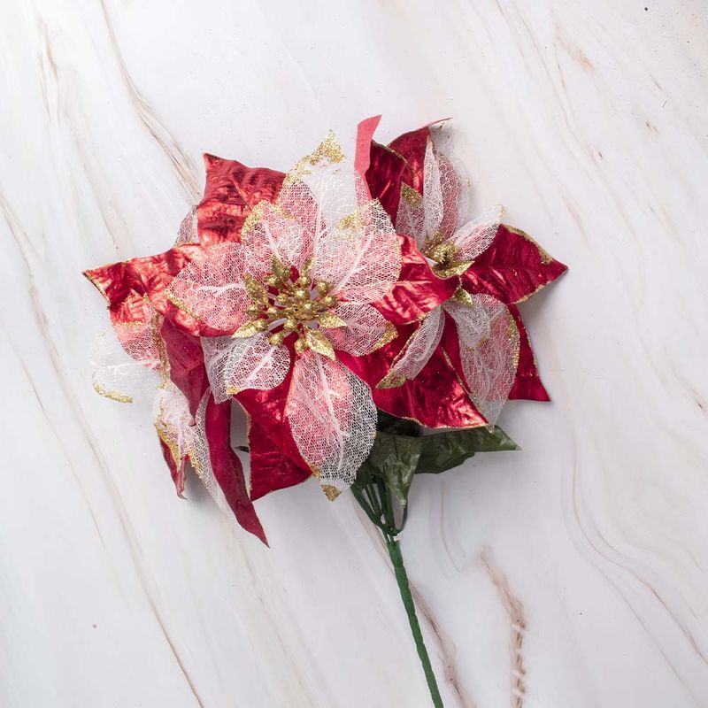 PANORAMA HOGAR - Ramo Navideño de Poinsettias Artificiales Rojas y Doradas 36CM