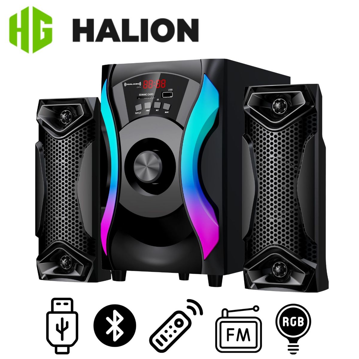 HALION - Parlante 2,1 Halion Cobra HA F51 USB SD Bluetooth Iluminación RGB