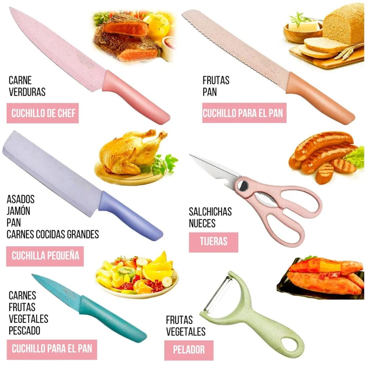 GENERICO - Set de Cuchillos de Cocina con Tijeras y Pelador MULTICOLOR 6pcs