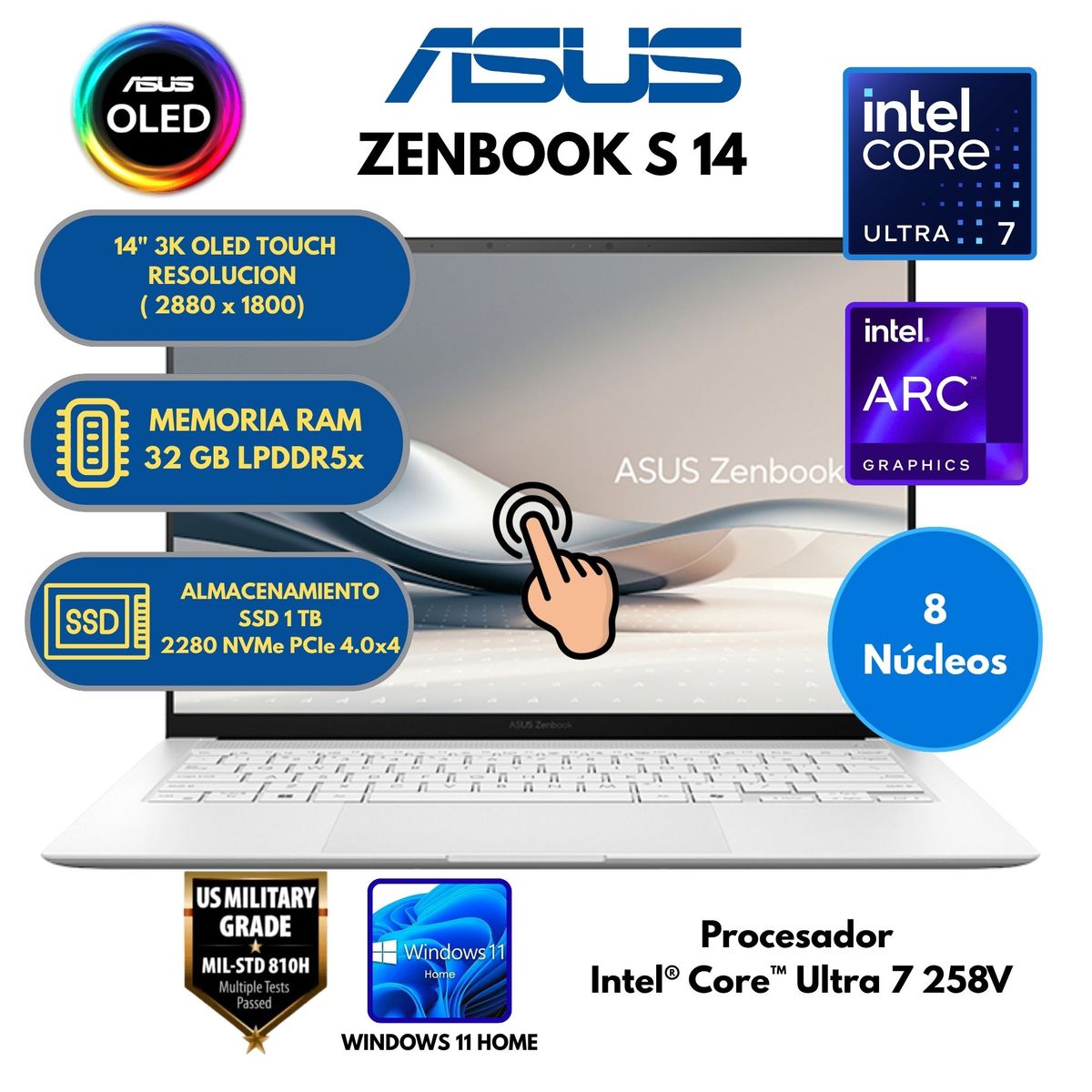 ASUS - Laptop Asus ZenBook S 14 2en1 Intel Core Ultra 7 -RAM 32 GB SSD 1TB 14" 3K OLED Táctil Windows 11