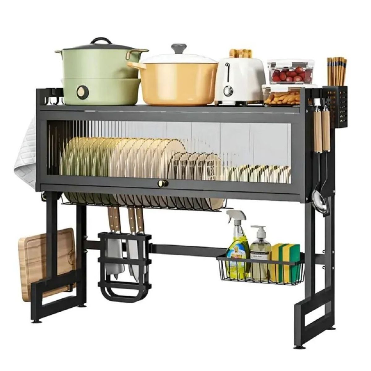 GENERICO - ORGANIZADOR Y ESCURRIDOR DE PLATOS DE ACERO INOXIDABLE CON TAPA 84CM