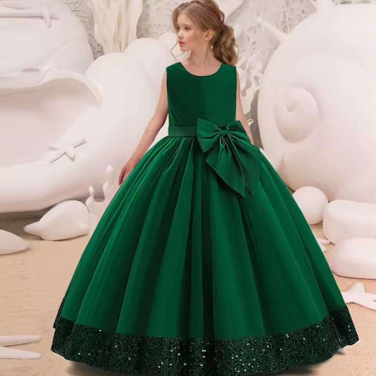 GENERICO - Vestido Niña Princesa Brillantes Verde Botella Talla 10