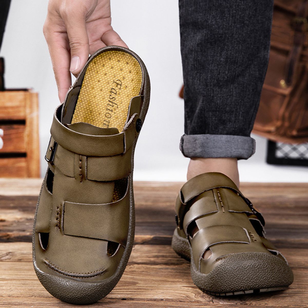 TIOZONEY - Sandalias de playa para hombre-Marrón