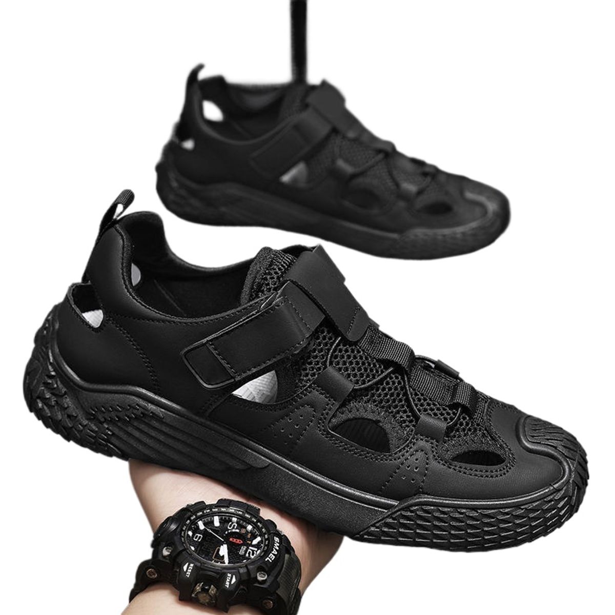 TIOZONEY - Sandalias caladas para hombre-Negro