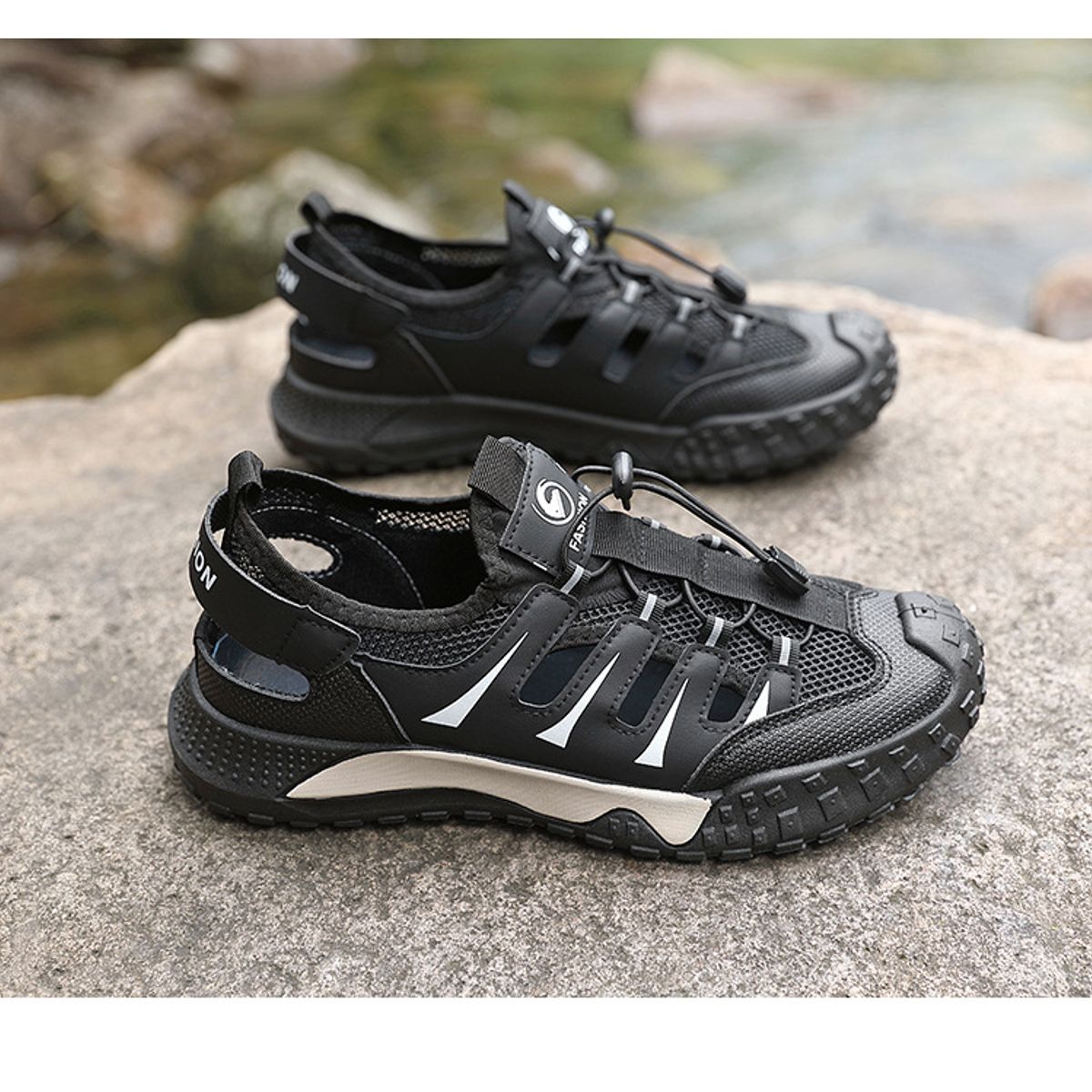 TIOZONEY - Sandalias caladas para hombre-Negro