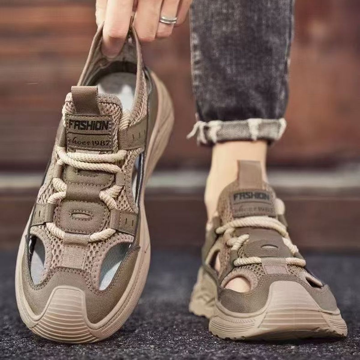 TIOZONEY - Sandalias abiertas para hombre-Marrón