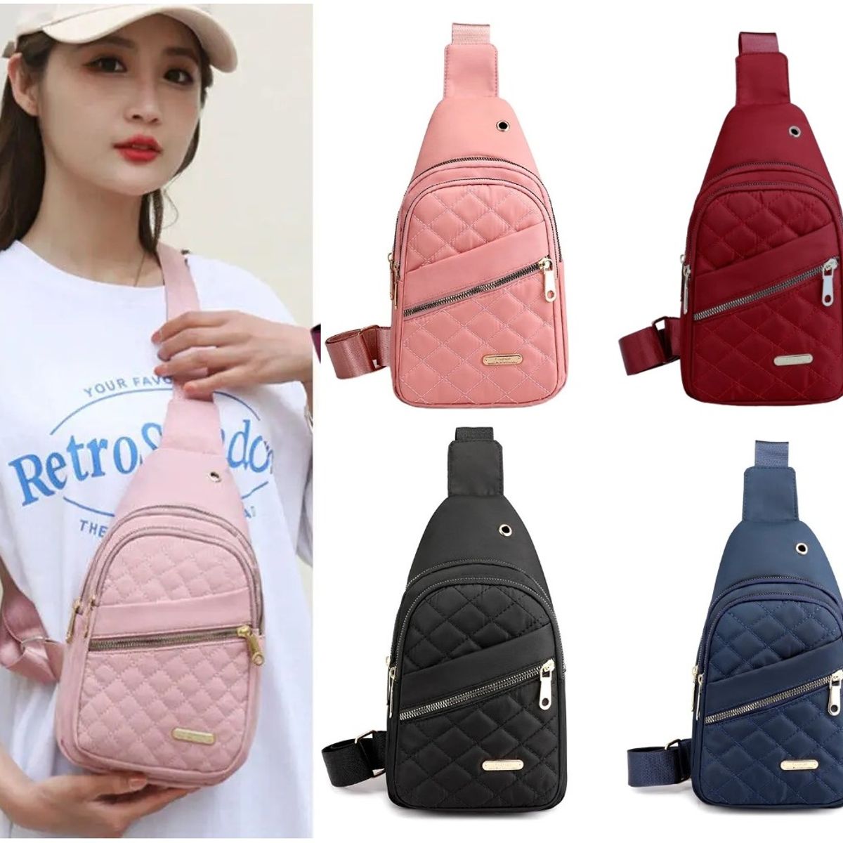 GENERICO - Morral cruzado riñonera para mujer con 3 cierres y 1 interior