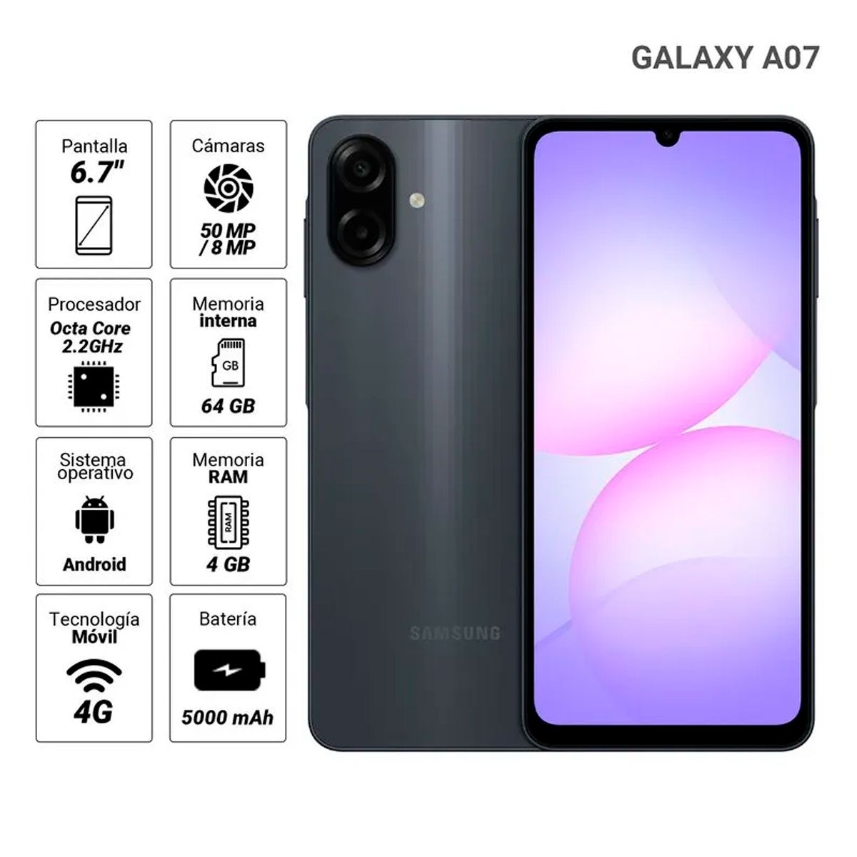 SAMSUNG - Galaxy A07 67 4GB RAM 64GB cámara principal 50MP + 2MP frontal 8MP black