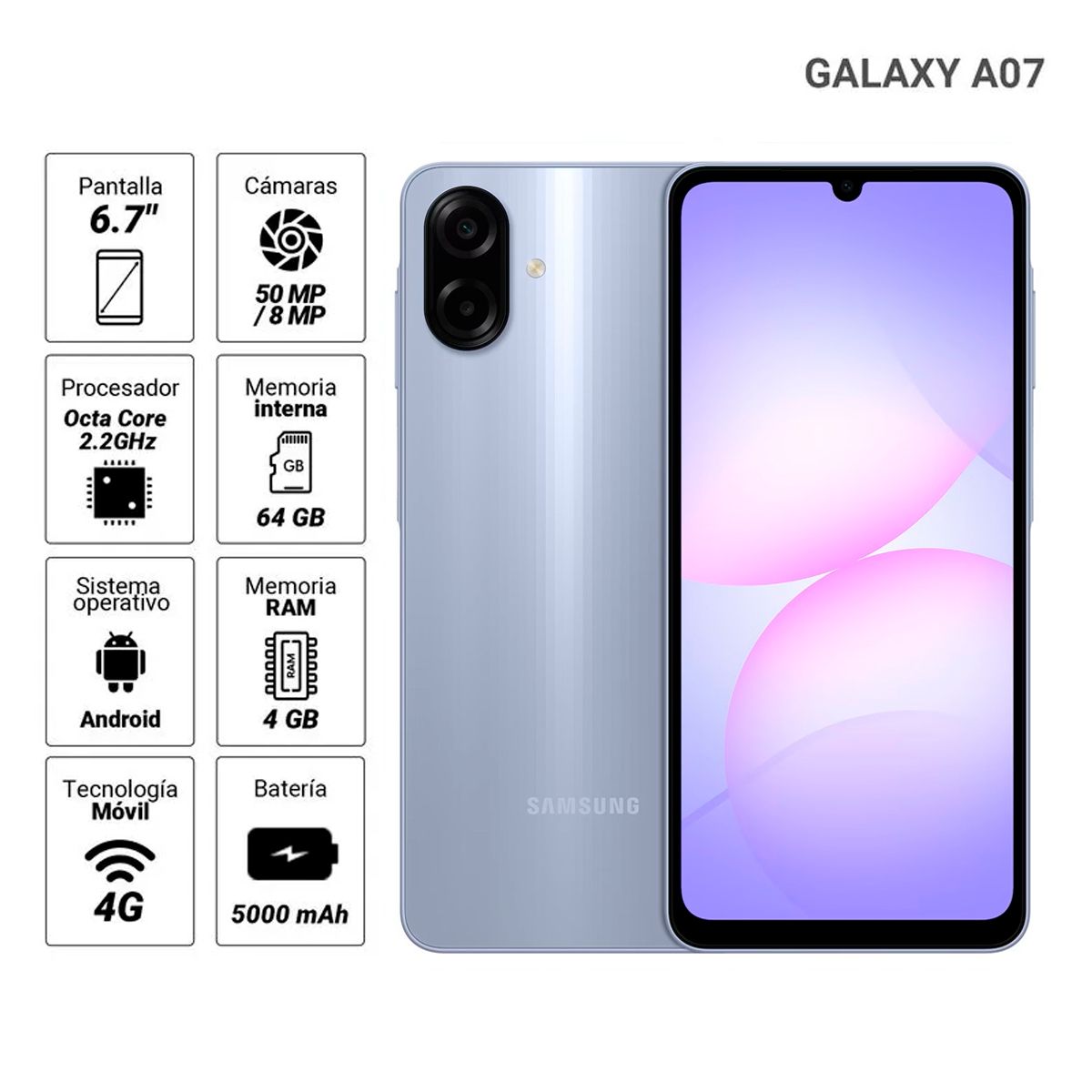 SAMSUNG - Galaxy A07 67 4GB RAM 64GB cámara principal 50MP + 2MP frontal 8MP Violeta