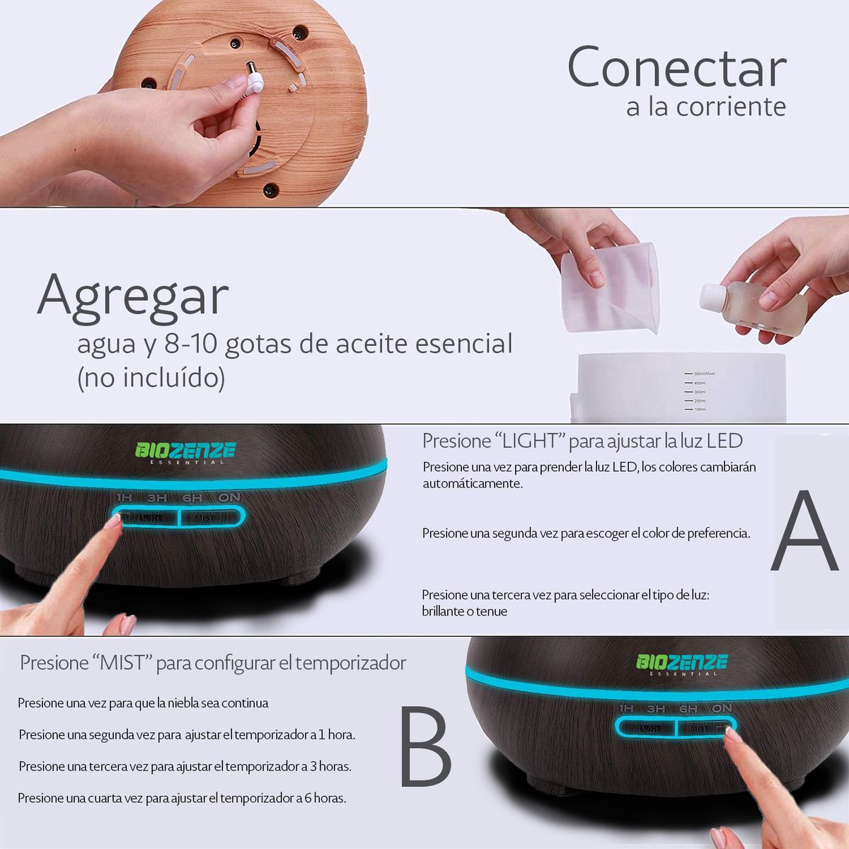 GENERICO - Humificador Difusor + Pack 2 Aceite Esencial De Menta y Lavanda Biozenze