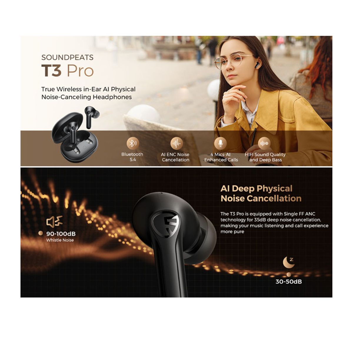 SOUNDPEATS - Audifonos SoundPEATS T3 PRO Audio Espacial TWS con ANC Microfono Dual