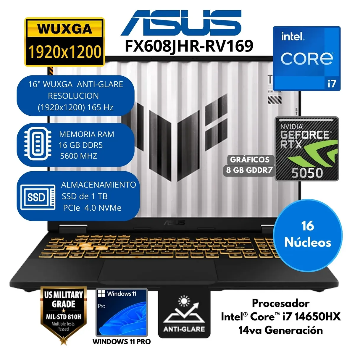 ASUS - Laptop ASUS TUF Intel Core i7 (FX608JHR-RV169) RAM 16 GB SSD 1 TB Nvidia  5050 8GB 16" WUXGA Win 11