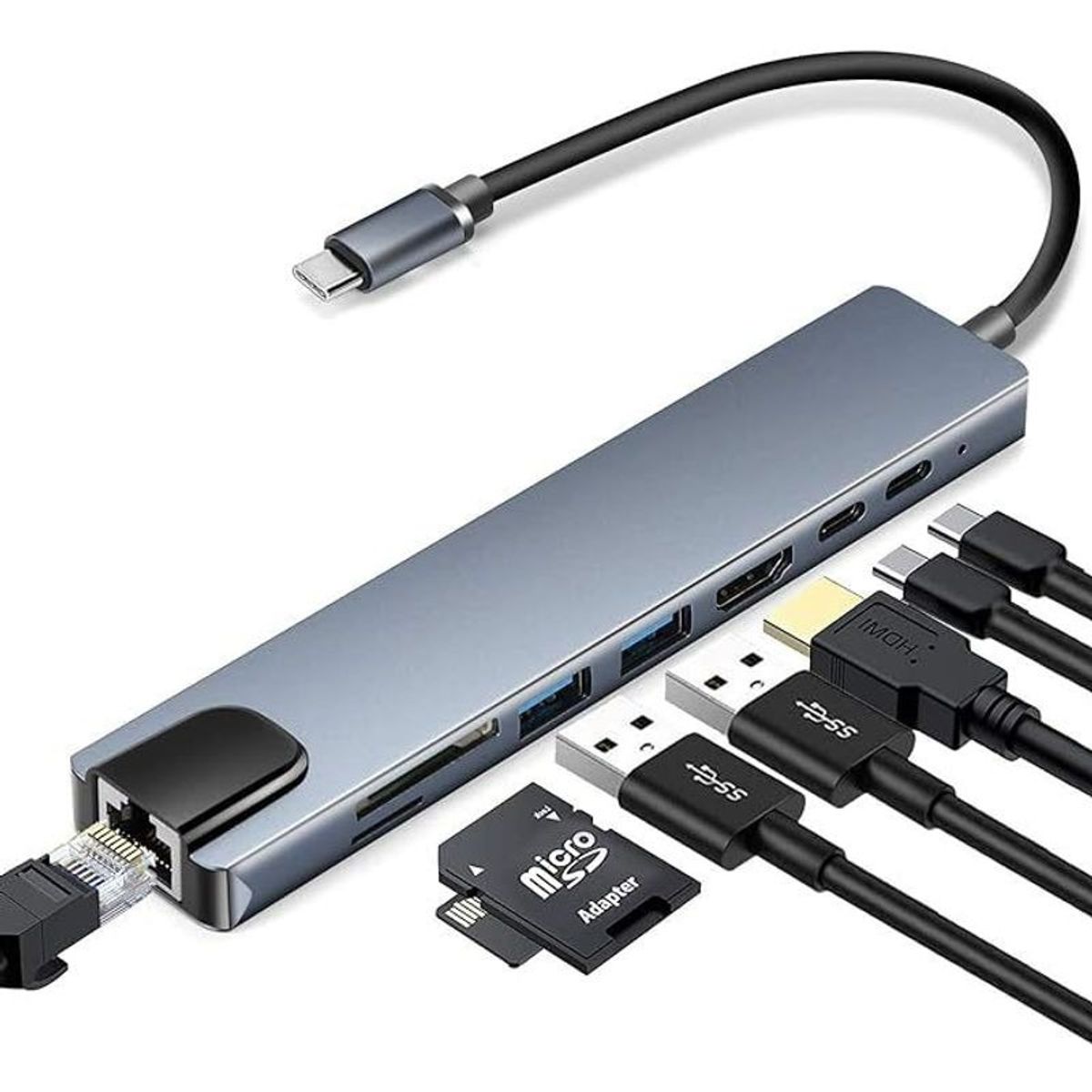OEM - HUB 8 EN 1 MULTIPUERTOS TIPO C ETHERNET HDMI LECTOR DE MEMORIAS