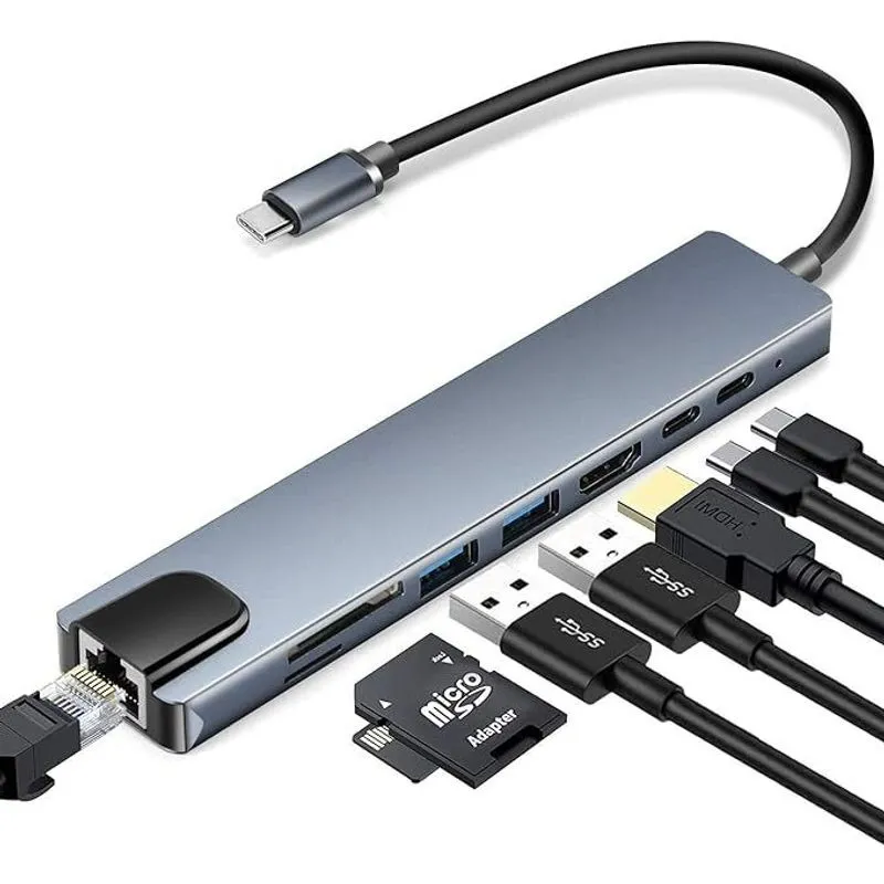 OEM - HUB 8 EN 1 MULTIPUERTOS TIPO C ETHERNET HDMI LECTOR DE MEMORIAS