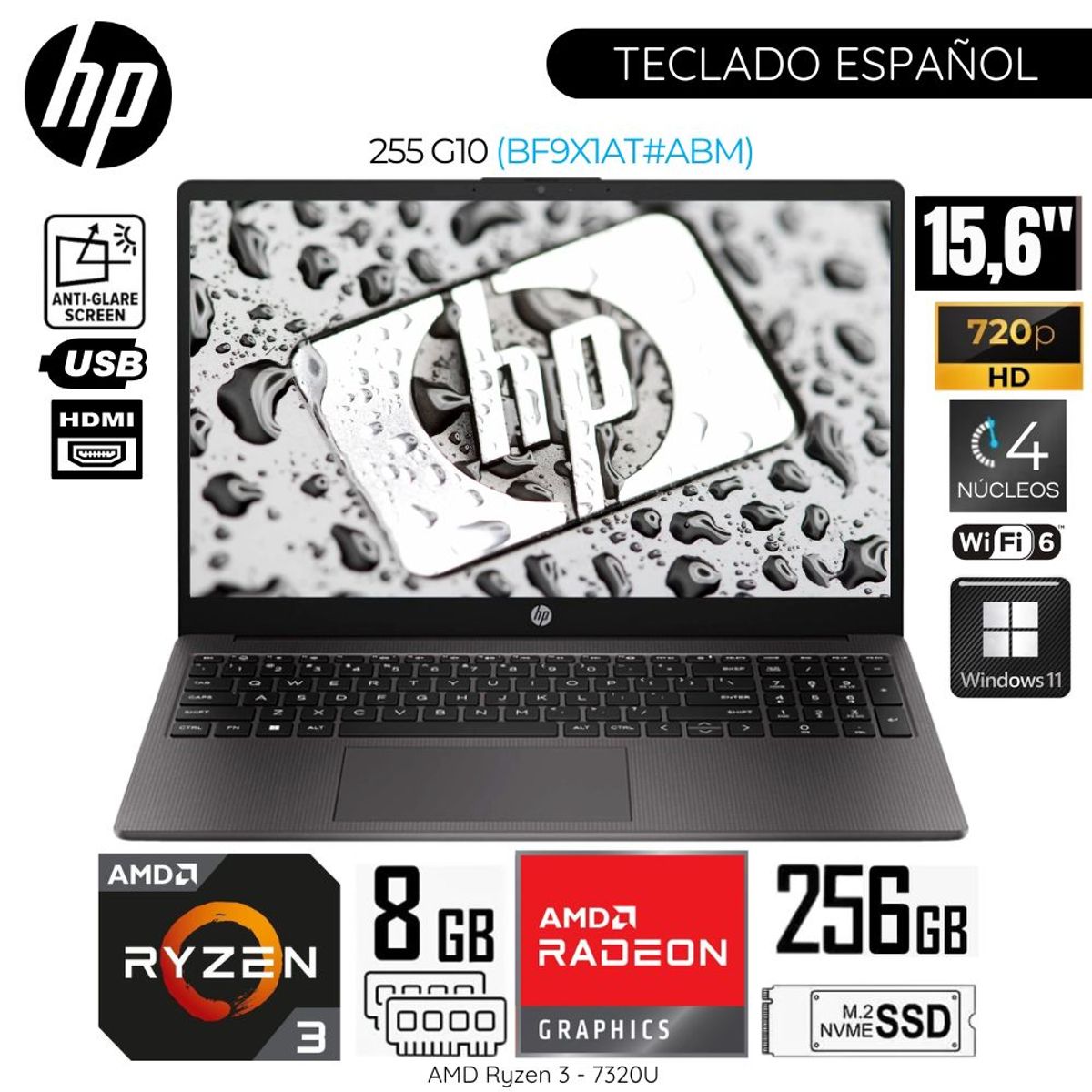 HP - Laptop HP 255 G10 AMD Ryzen 3-7320U 8GB RAM 256GB SSD 15.6"  HD - BF9X1AT