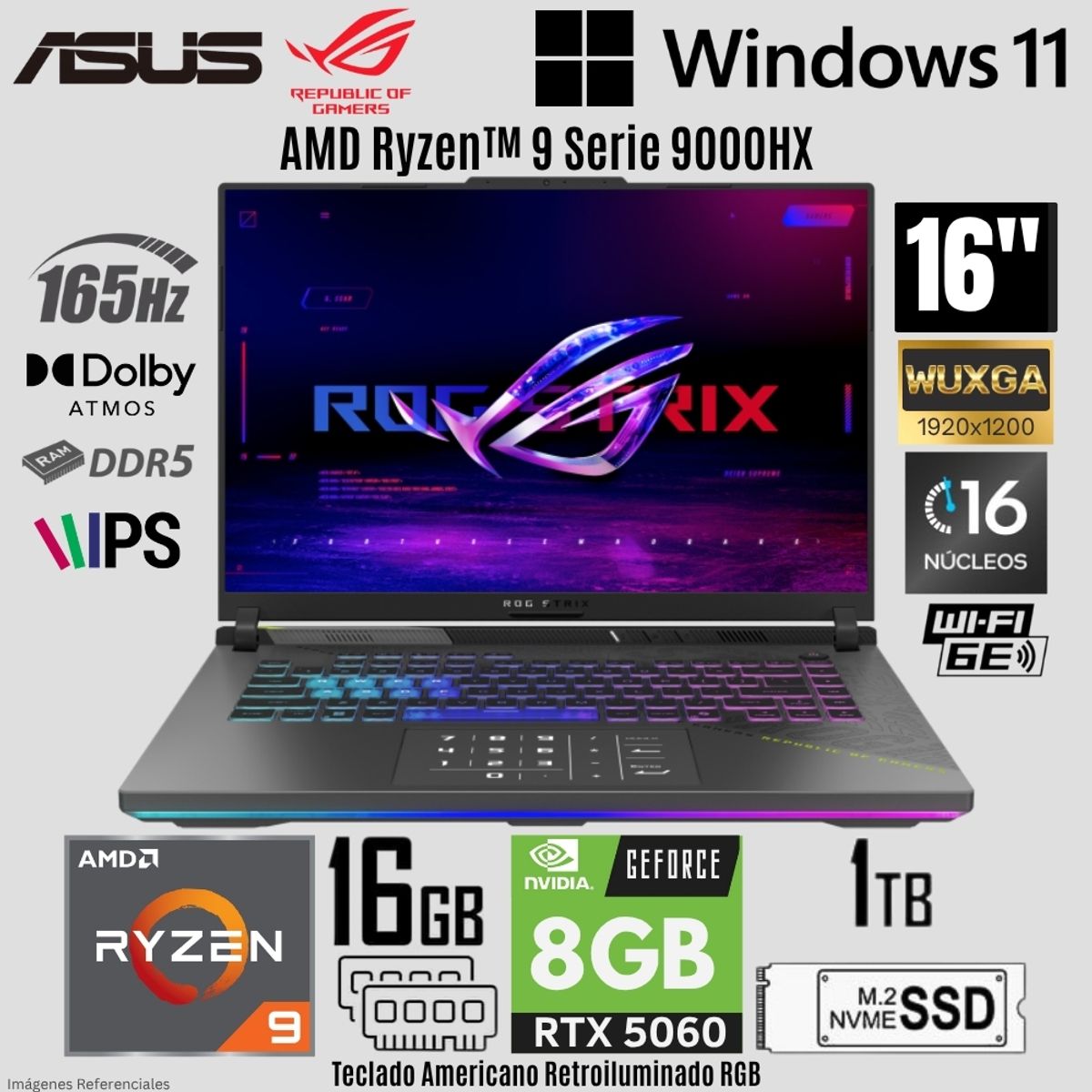 ASUS - Laptop Asus Rog Strix G16 (2025) AMD Ryzen 9 9955HX 16GB RAM 1TB SSD RTX 5060-8GB 16"  WUXGA
