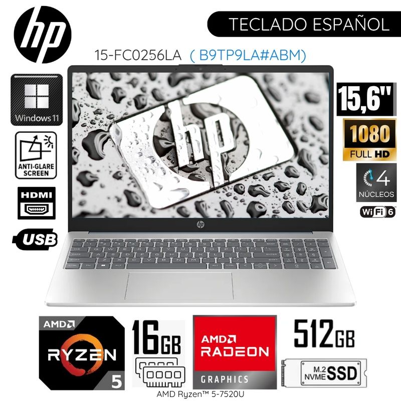 HP - Laptop HP 15-FC0256LA  AMD Ryzen 5 - 7520U 16GB RAM 512GB SSD 15.6"  Pulg. FHD Win11