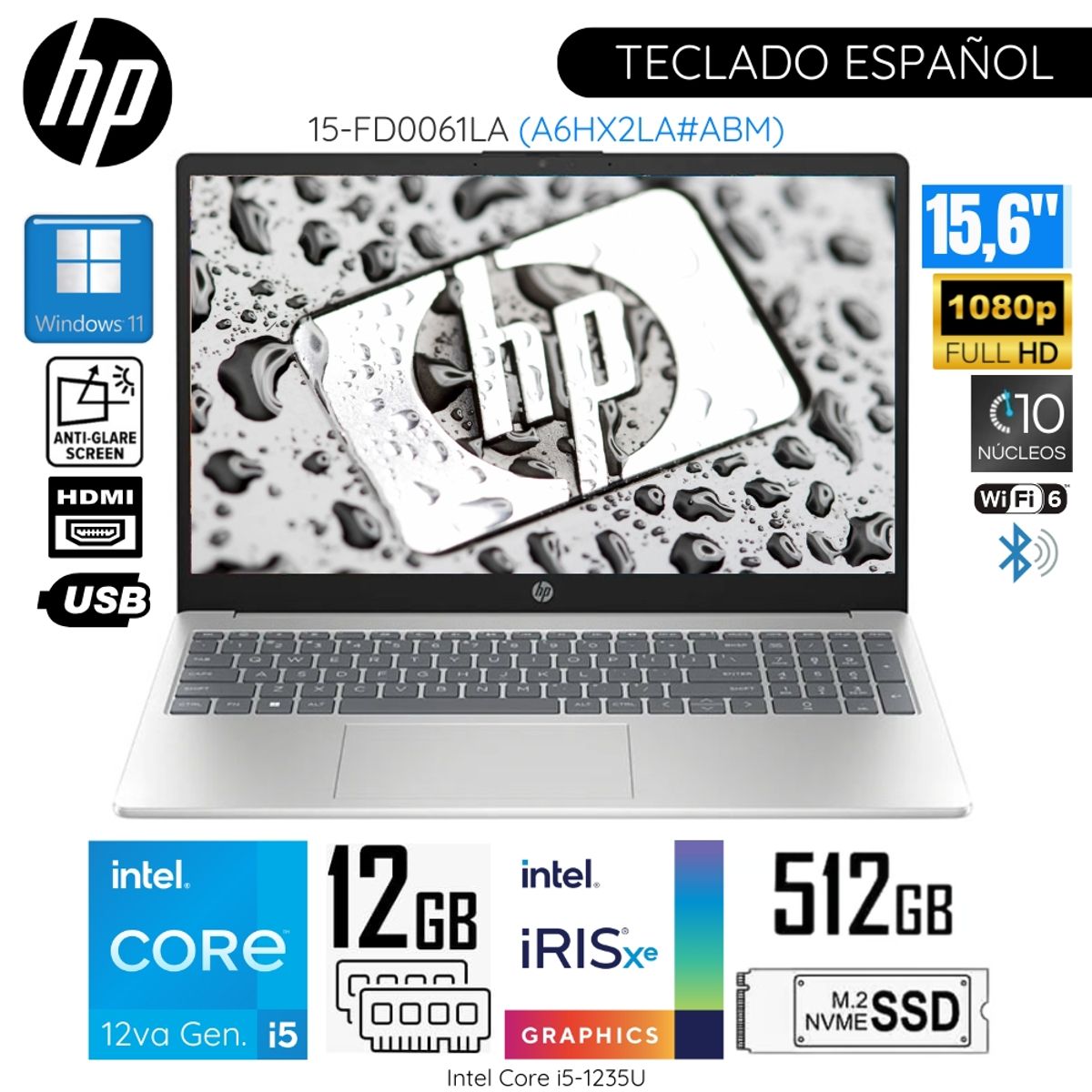HP - Laptop HP 15-FD0061LA  Intel Core i5-1235U 12GB RAM 512GB SSD 15.6"  Pulg. HD WIN 11- Plateado