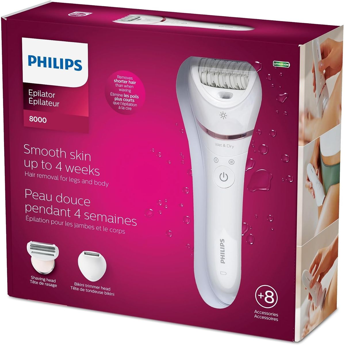 PHILIPS - Depiladora Philips resistente al agua + 8 accesorios BRE720