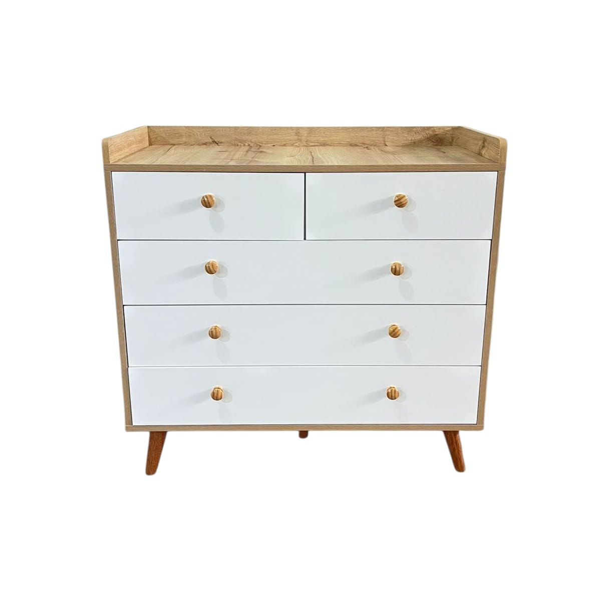 GENERICO - - Cómoda con Borde Cambiador en Melamina Duna y Blanco – 5 Cajones