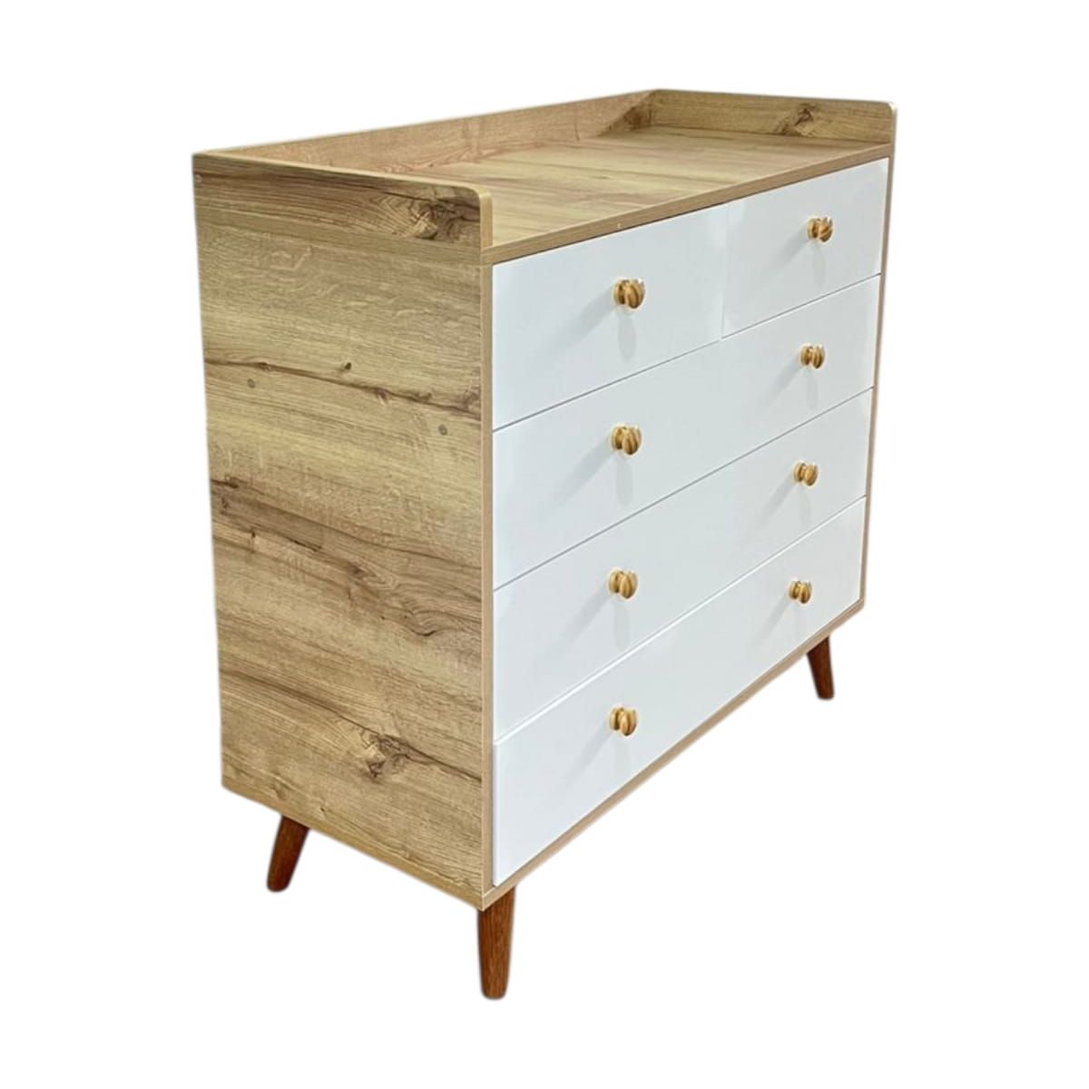 GENERICO - - Cómoda con Borde Cambiador en Melamina Duna y Blanco – 5 Cajones