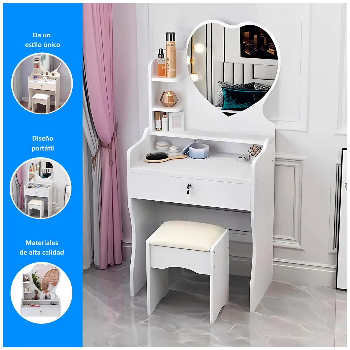 GENERICO - Tocador Maquillaje Espejo Corazón con Sillón  Blanco