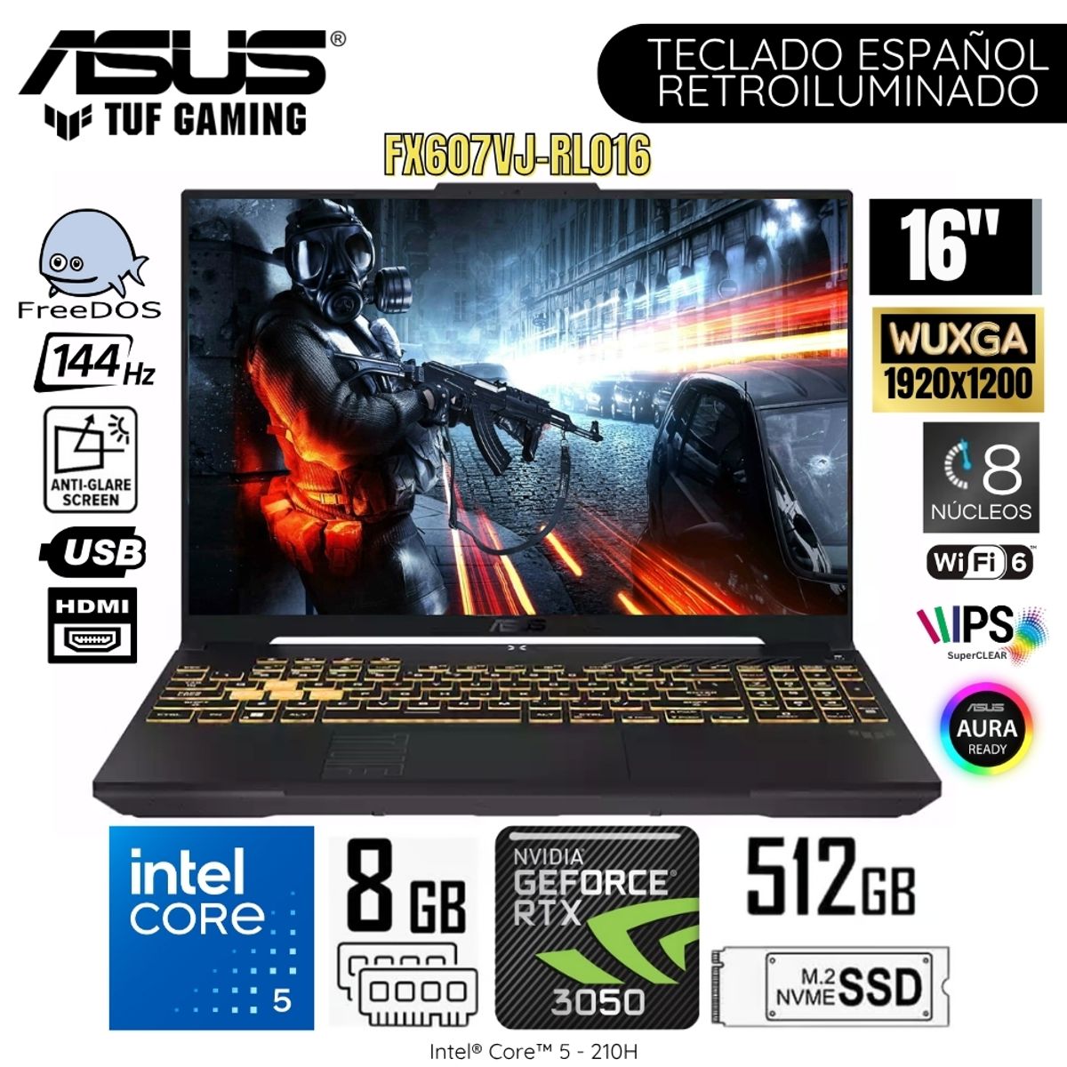 ASUS - Laptop Asus TUF Gaming FX607VJ-RL016 Intel Core 5-210H 8GB RAM 512GB SSD RTX3050-6GB 16 WUXGA -Gray