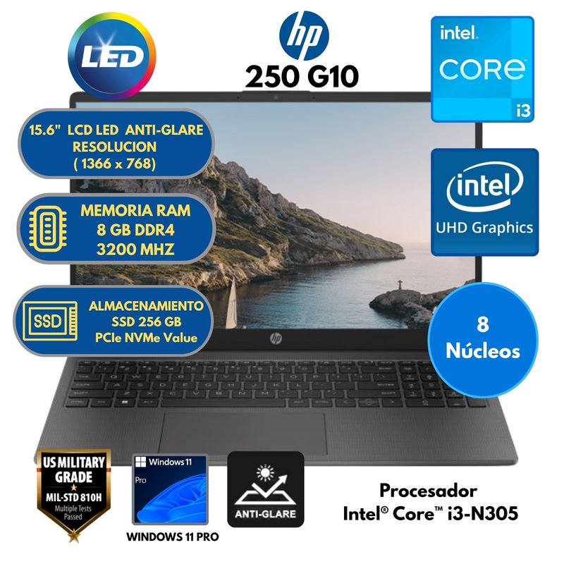 HP - Laptop HP 250 G10 INTEL CORE i3 -RAM 8GB SSD 256 GB 15.6" LCD LED Windows 11 PRO
