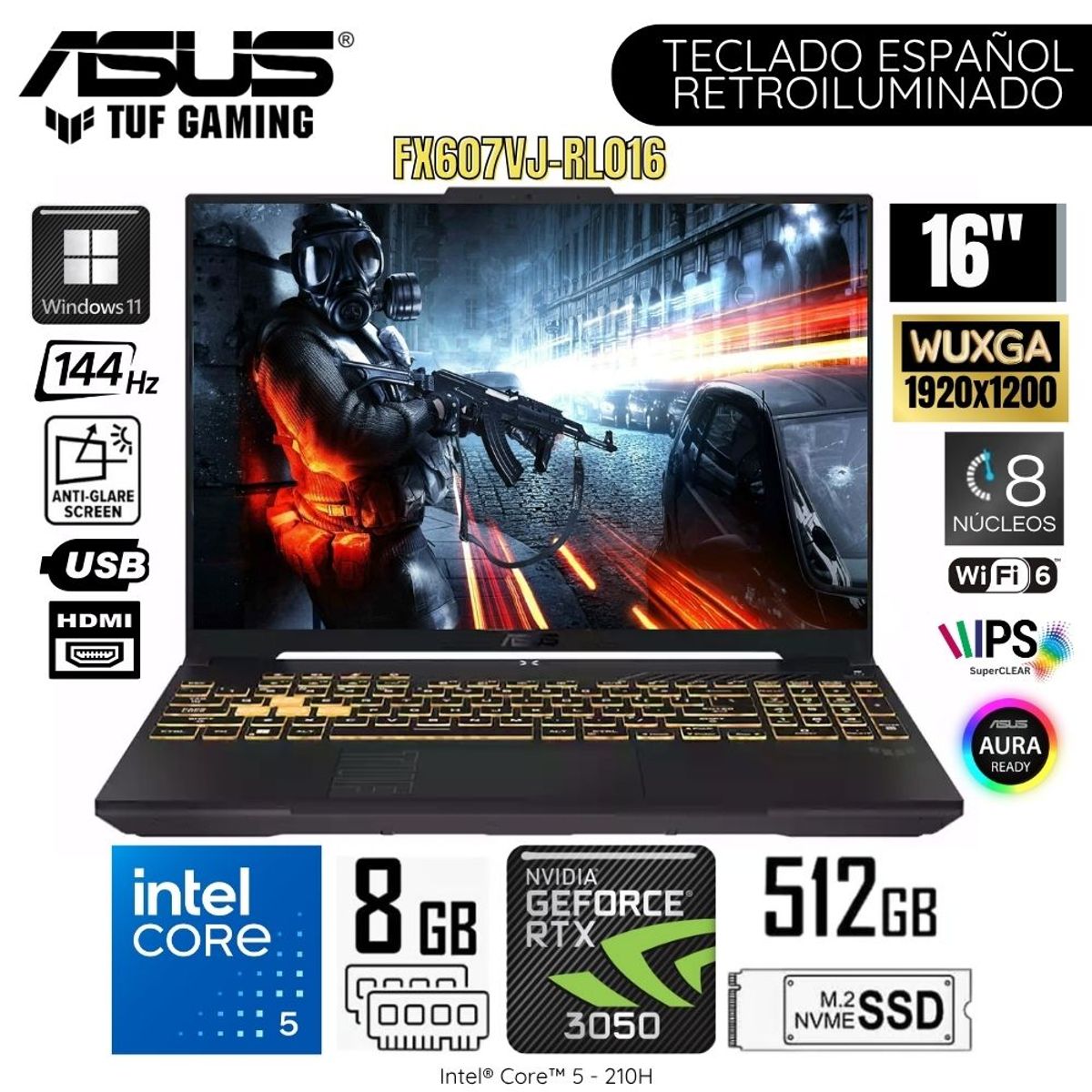 ASUS - Laptop Asus TUF Gaming FX607VJ-RL016 Intel Core 5-210H 8GB RAM 512GB SSD RTX3050-6GB 16"  WUXGA -Gray