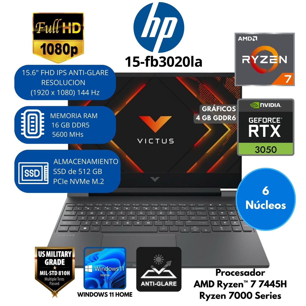 HP - Laptop HP Victus AMD Ryzen 7(15-fb3020la) RAM 16 GB SSD 512 GB 15.6"FHD Windows 11 HOME