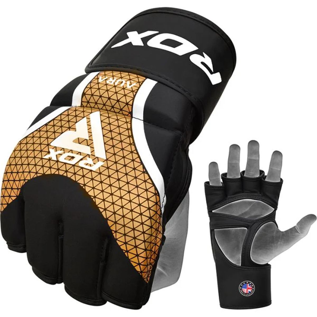 RDX - Guantes de MMA para Entrenamiento y Grappling Aura Plus T17 Dorado - L
