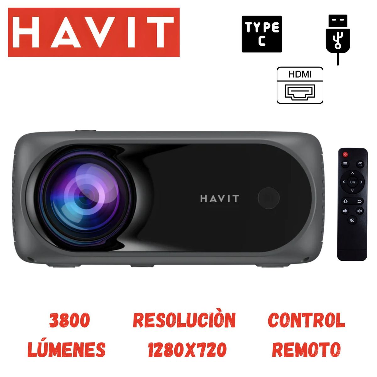 HAVIT - Proyector compacto Havit PJ221 1280 x 720 píxeles, 3800 Lumens – Negro