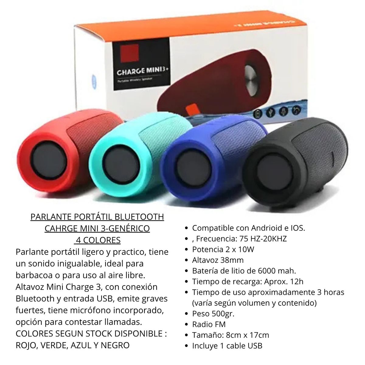 LH ELECTRONIC - Parlante portátil bluetooth charge mini 3