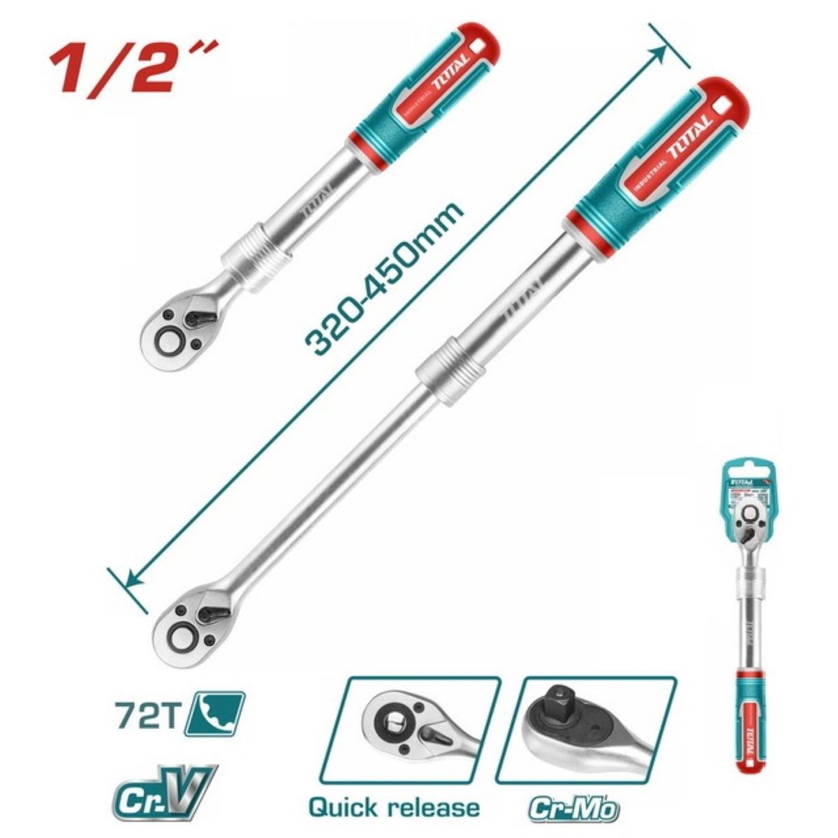 TOTAL TOOLS - LLAVE RATCHET MEDIA PULGADA  EXTENDIBLE INDUSTRIAL TOTAL -THT106128L
