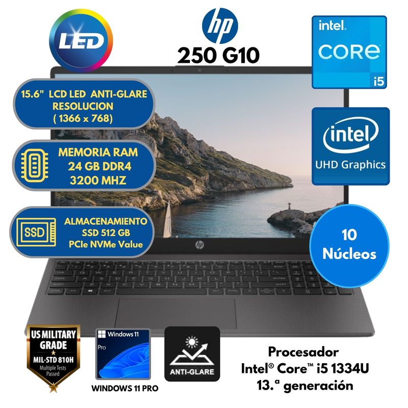 HP - Laptop HP 250 G10 INTEL CORE i5 -RAM 24 GB SSD 512 GB 15.6" LCD LED Windows 11 PRO