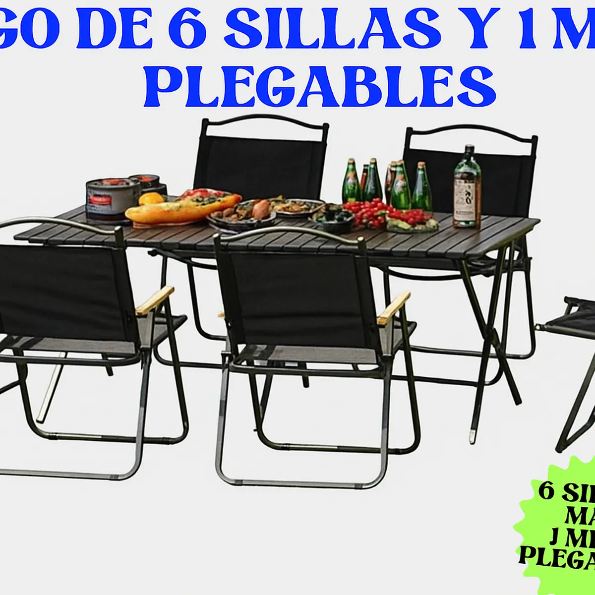 GENERICO - JUEGO DE MESA CON 6 SILLAS JARDIN TERRAZA CAMPING PATIO PLAYA PLEGABLE