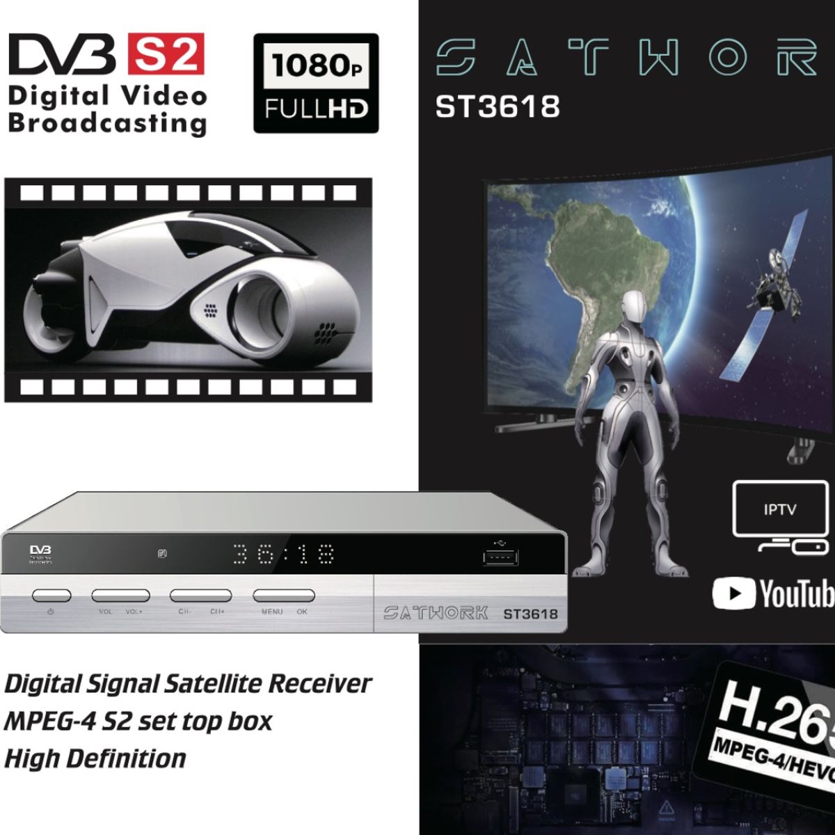 RST - DECODIFICADOR SATELITAL FTA SATWORK ST3618 H265 CANALES DE TV Y RADIO