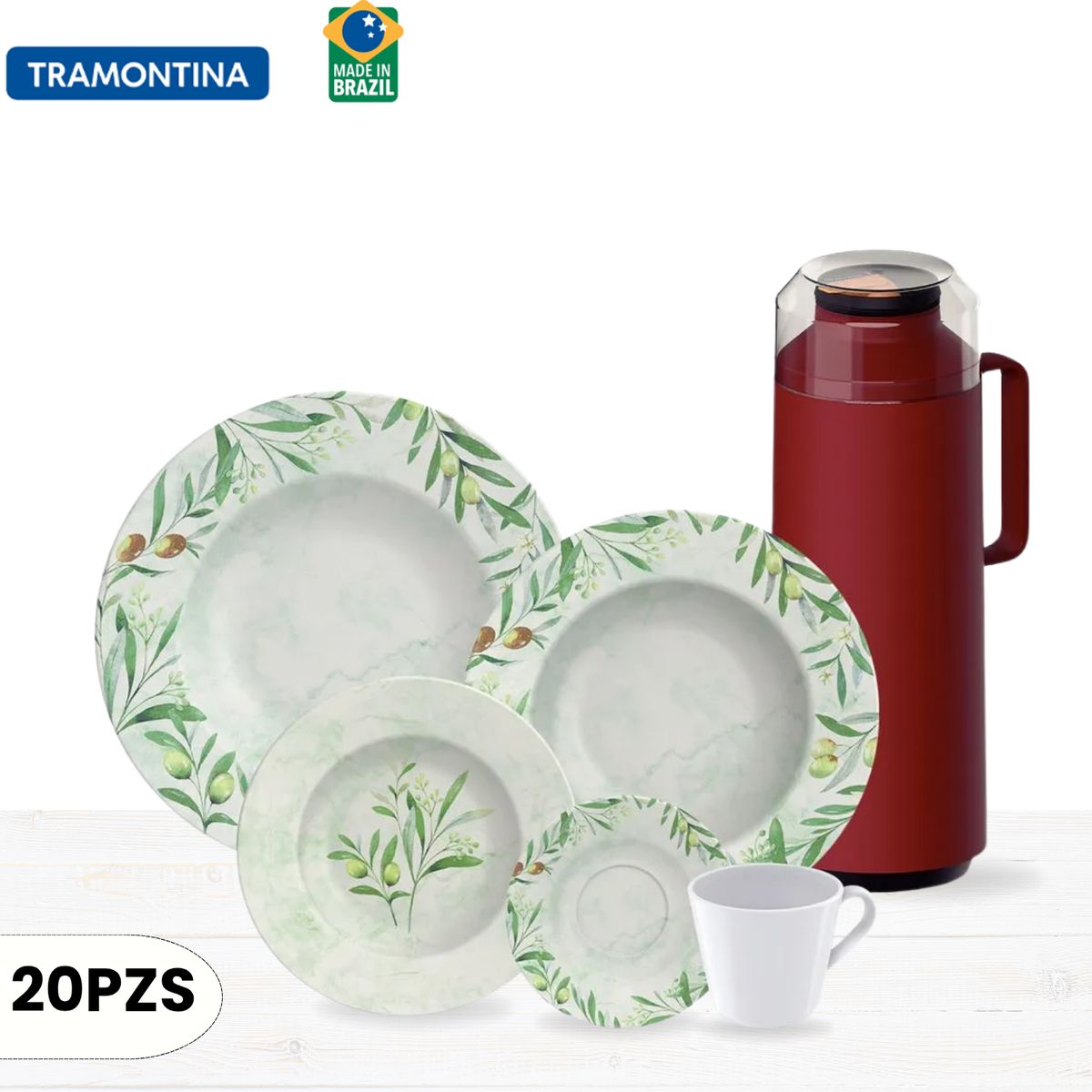TRAMONTINA - Juego de Vajilla Oliva x20 piezas + Termo Rojo