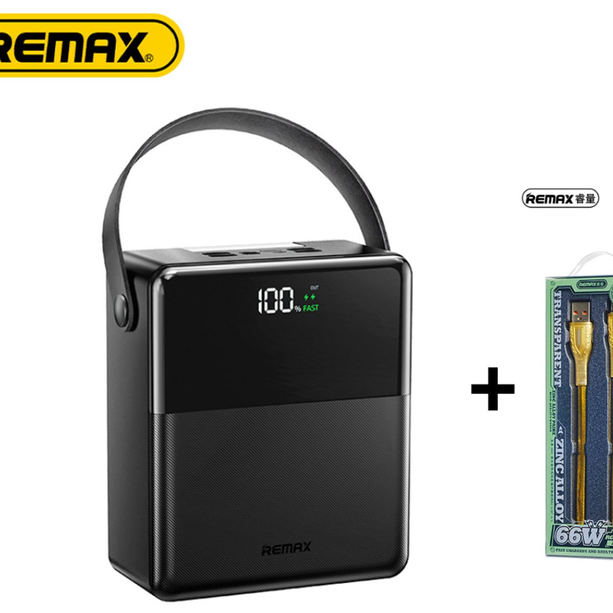 REMAX - Bateria Portatil  FP-1 de 100,000mAh,carga rápida 22,5 W PD 27W QC + CABLE ZINC A-C 66W 1.2M REMAX