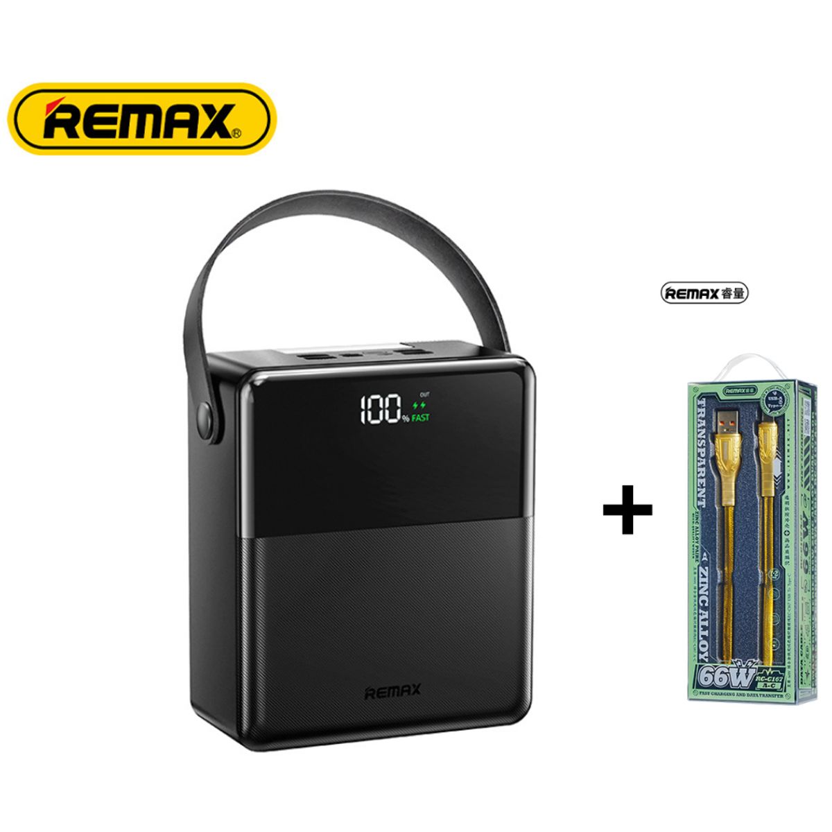 REMAX - Bateria Portatil  FP-1 de 100,000mAh,carga rápida 22,5 W PD 27W QC + CABLE ZINC A-C 66W 1.2M REMAX