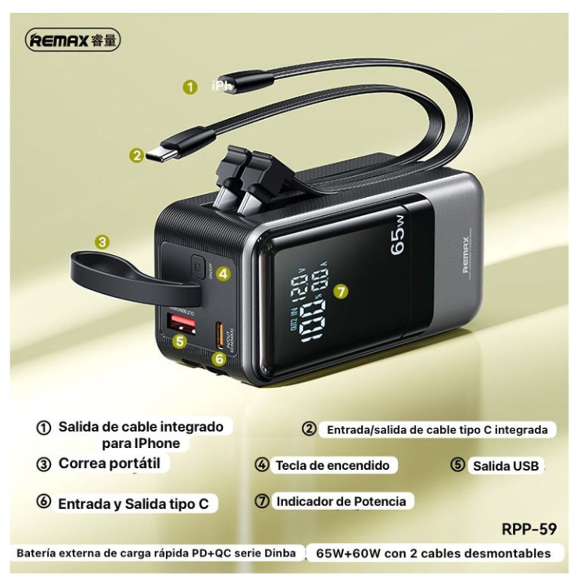 REMAX - Power Bank 20000 mAh PD 65W QC60W, carga rápida con 2 cables